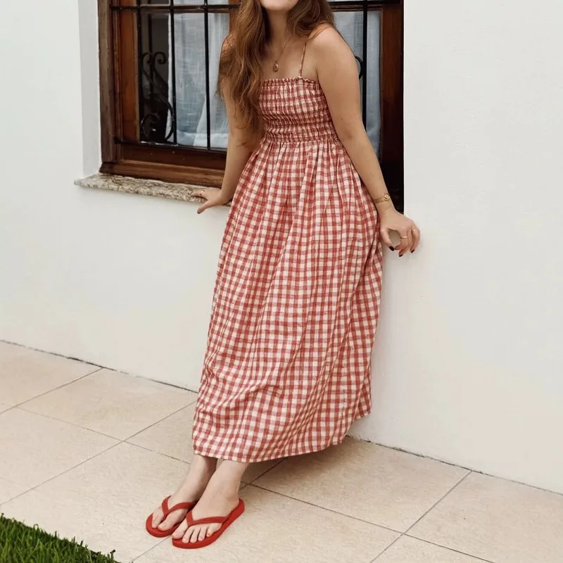 Summer New Women Gingham Plaid Spaghetti Strap Maxi Dress Smocked Elastic Waist A-Line Flowy Dress Casual Vacation Beach Dress