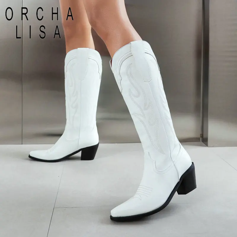 

ORCHA LISA Brand Women Western Boots Square Toe Chunky Heels Embroider Plus Size 44 45 46 Casual Daily Female Knee High Booties