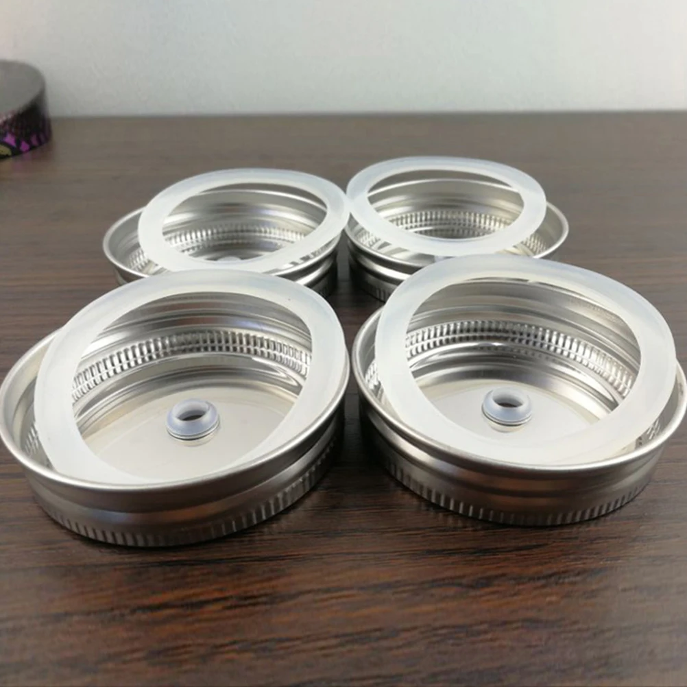 

2pcs Stainless Steel Jar Straw Lids Round Leak Proof Canning Caps Airtight Storage Lids With Hole For Coffee Tea Juice Glass