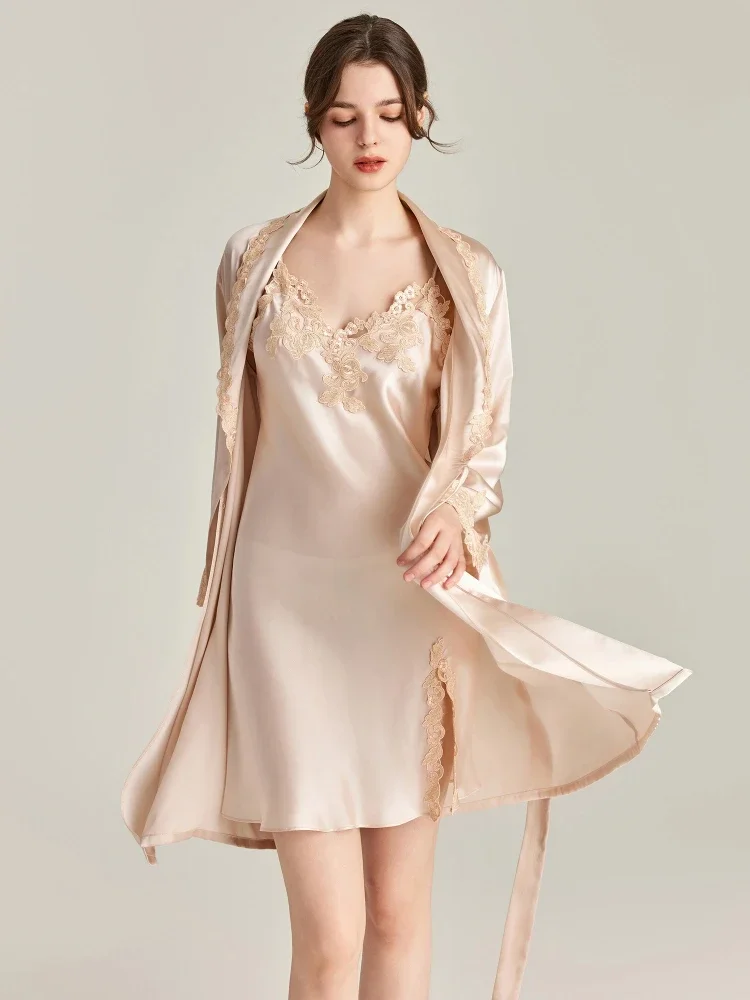 

French Style 100% Mulberry Silk Slip Dress Robe Sleep Set Lace Trim Lapel Bathrobe with Split Sling Nightgown Loungerwear Pijama