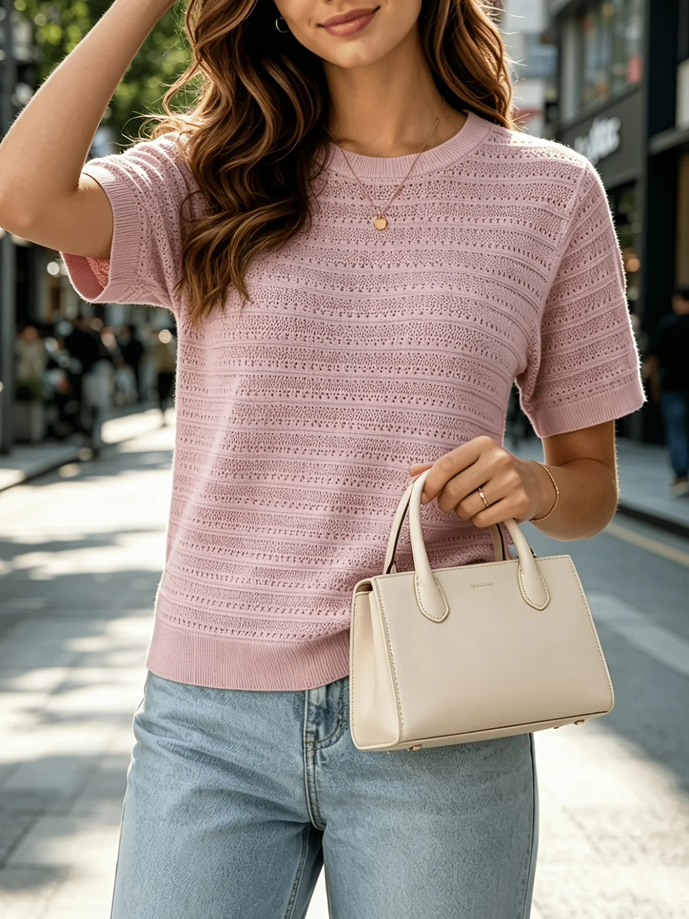 New Hollowed out Floral Women's Knitted Pullover Short Sleeved Fashionable Thin Cut Breathable Pullover Round Neck Women's Top