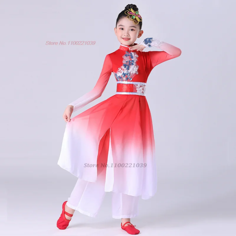 2024 traditional chinese children dance costume flower embroidery hanfu tops+pants set retro stage performance fairy dress hanfu