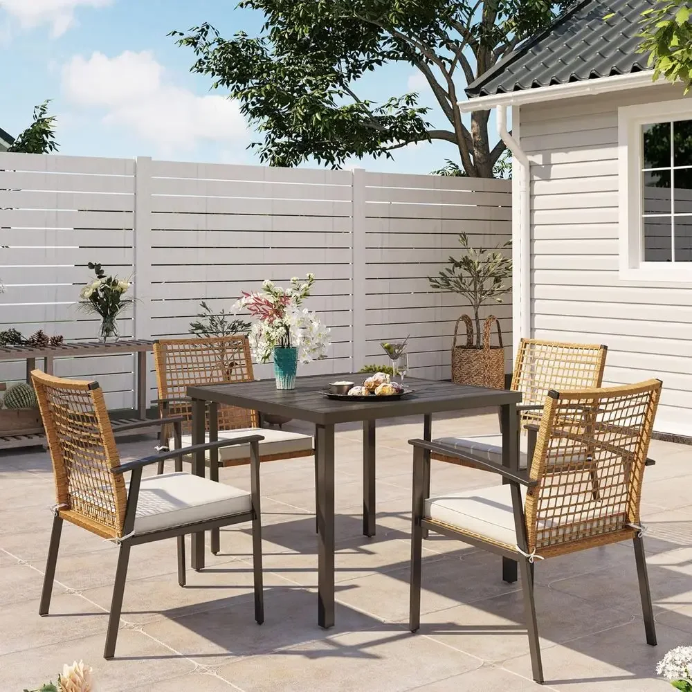 5-Piece Outdoor Patio Dining Set: Wicker Furniture with Cushions and Square Table for Backyard, Garden, Poolside