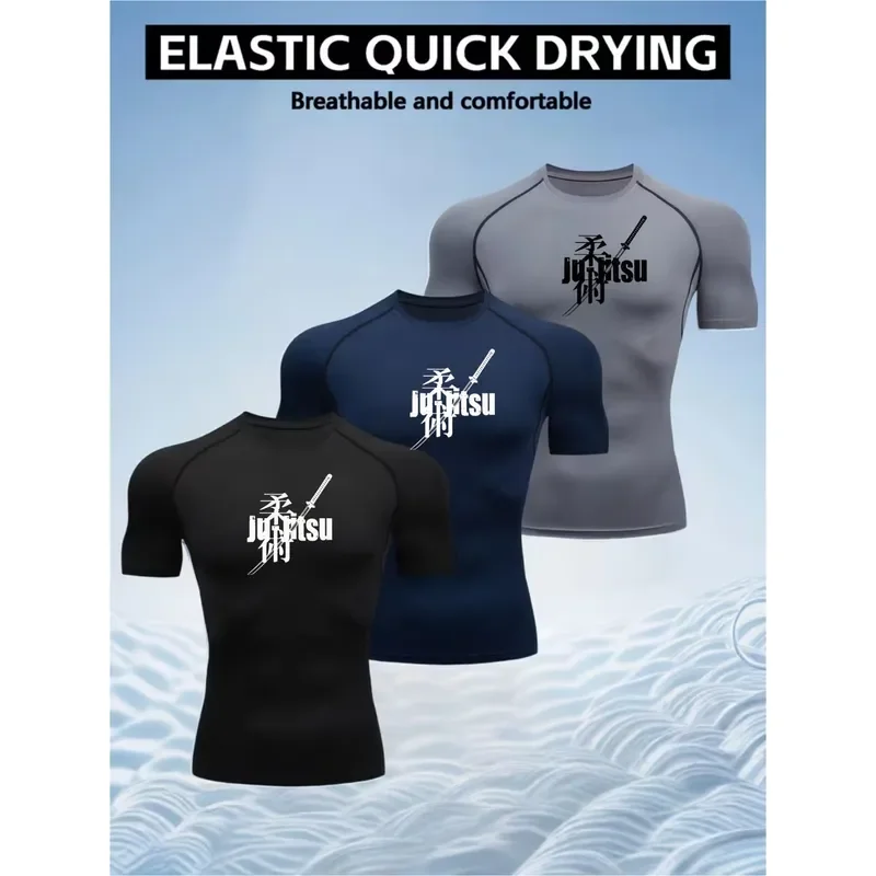 3PCS Men's Short Sleeve Crew Neck Compression Tight Fit Top High Elastic Quick Dry Breathable Stretch Fitness Workout Sport