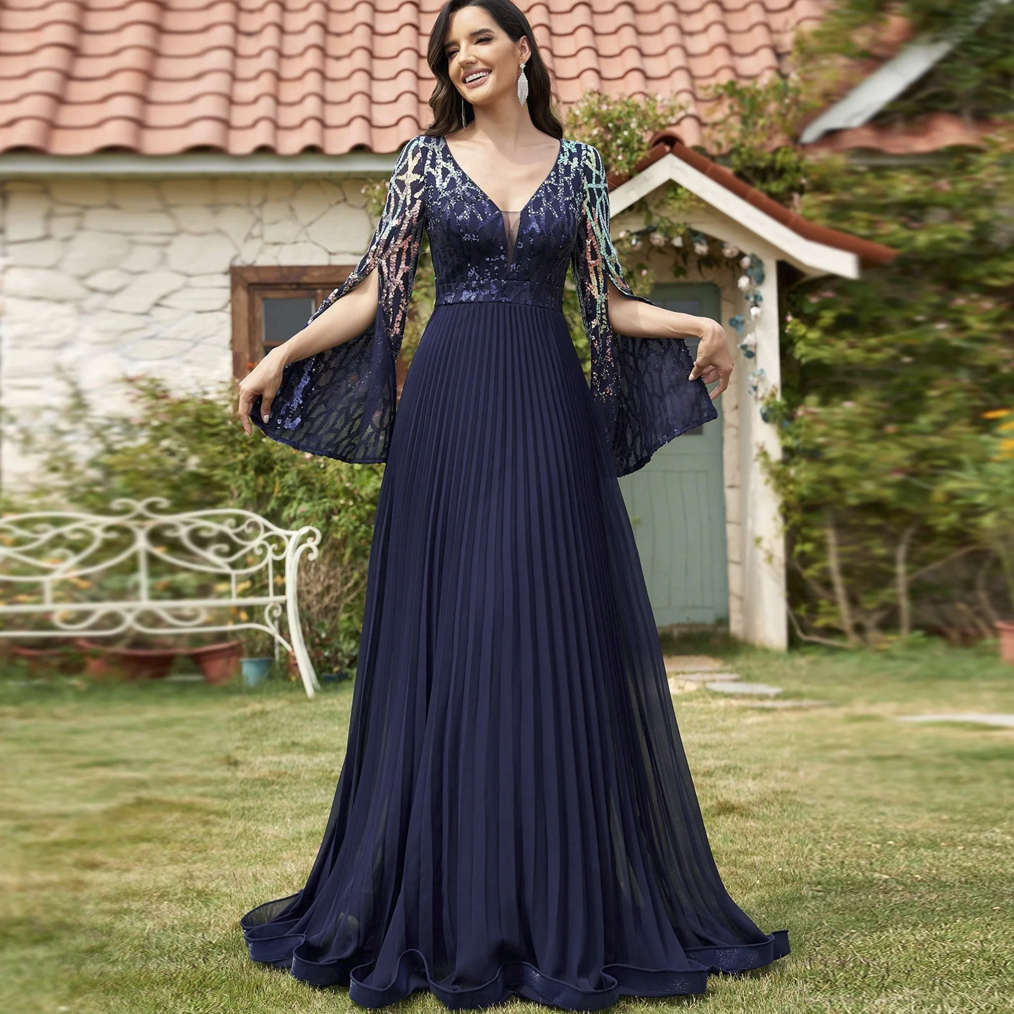 

Rosymae Royal Blue Mother of the Bride Dress Elegant Long Sleeve Chiffon Gown with Puffy Slitted Sleeves And V-Neck for Wedding
