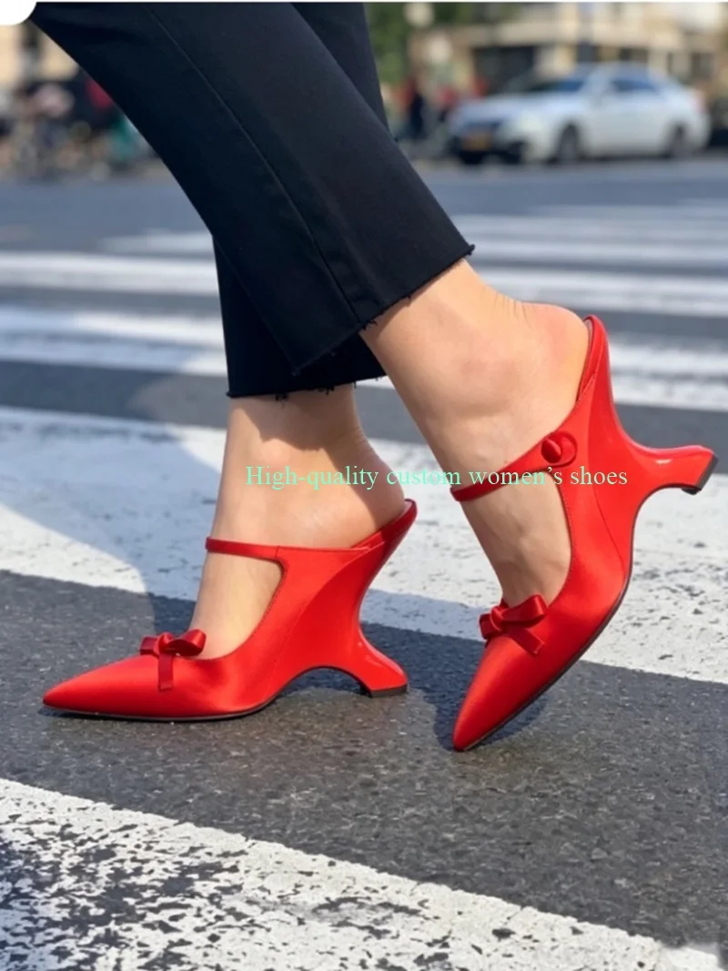 Red Tip Satin Fabric Unique Heels Low-Cut Sandals Hollowed-Out Instep Ankle Buckle Runway Style Handmade Luxury Women's Shoes