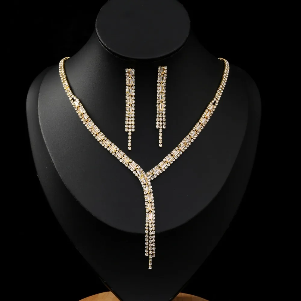 Elegant Y-Shaped Tassel Jewelry Set Luxurious Retro Necklace and Dangling Earrings Exquisite Rhinestone Necklace Earrings Set