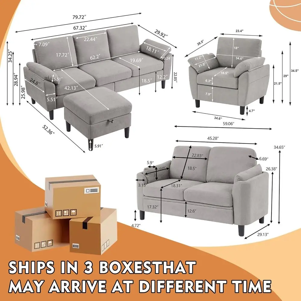 طقم أريكة مقطعية قابلة للتحويل مكونة من 4 قطع: أريكة من الكتان على شكل حرف L مع كرسي قابل للعكس، 3 مقاعد، مقعدين، كرسي بذراعين، مثالي للعيش