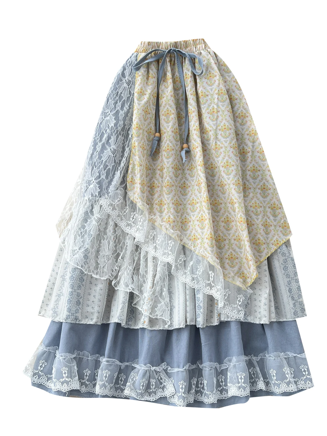 

Sweet Forest System High Waist f Skirt Women's Summer New Design Lace Splicing Floral Irregular Fairy Skirt Korean Sle A...