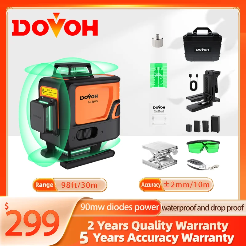 

DOVOH 4D Laser Level 360 Self Leveling : High Accuracy Green Beam Rechargeable for Construction Tiling Ceiling Framing, P4-360G