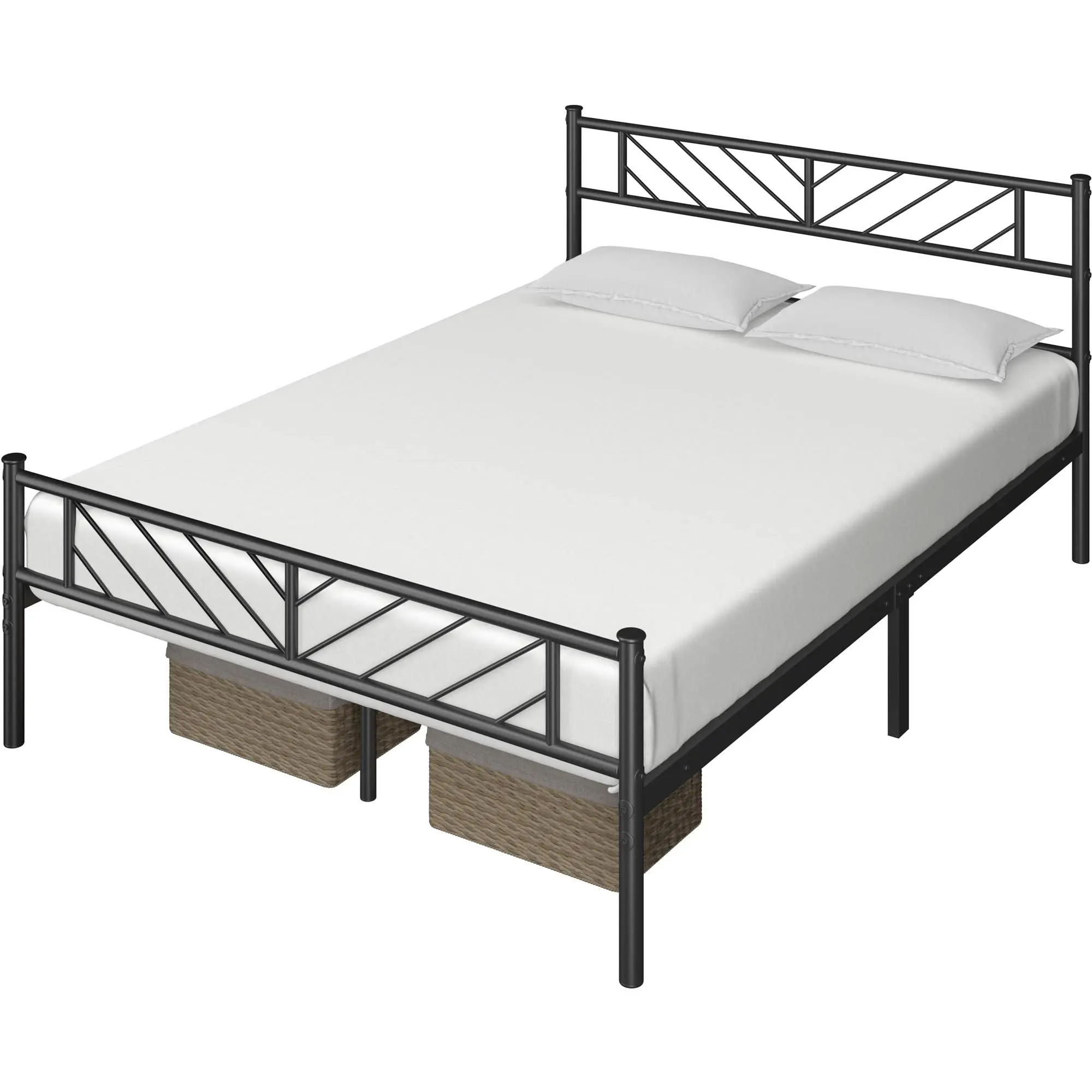 Full Size Metal Platform Bed Frame, Arrow Pattern Headboard and Footboard, 13 Inches Underbed Storage Mattress Foundation, Black