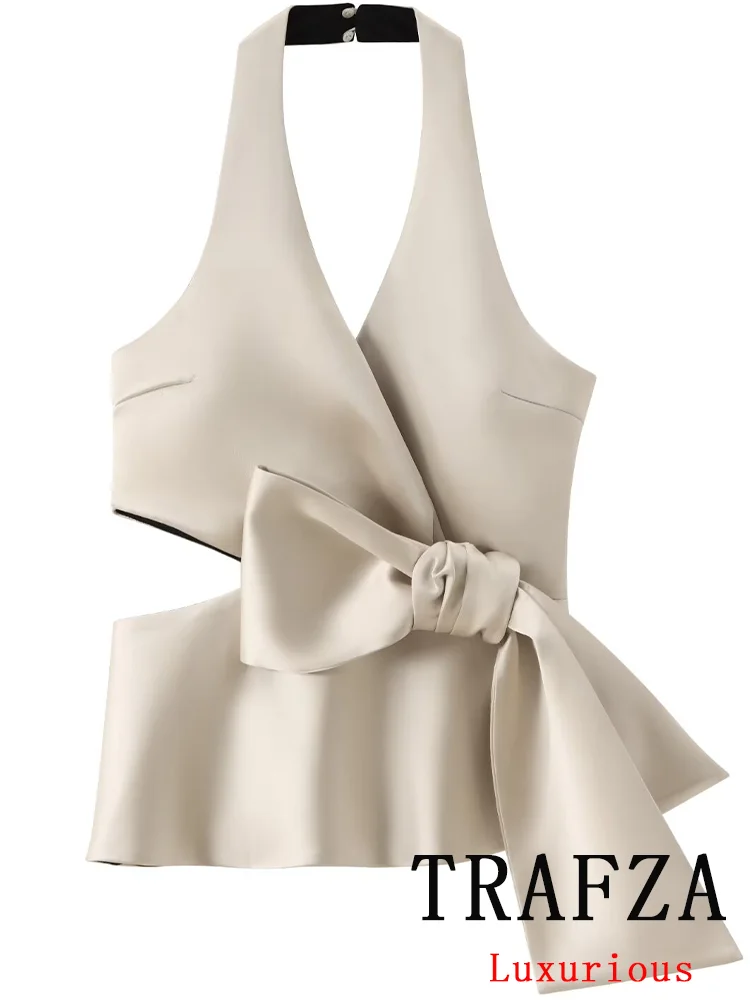 TRAFZA Vintage Sexy Chic Women Halter Tops Solid Bow V Neck Sleeveless Short Vest Fashion 2024 Summer Party Turtleneck Tops