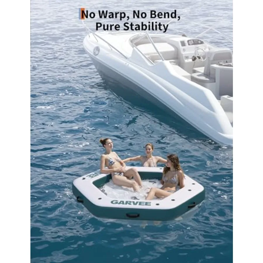 Hexagon inflatable floating dock for boats pool lake beach ocean: 8.5x8FT EVA non-slip platform mesh swim area rope ladder blue