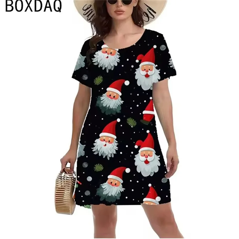 3D Fun Cartoon Santa Claus Pattern Printed Dress Women Short Sleeve O-Neck Casual A-Line Dress New Year Christmas Party Dress