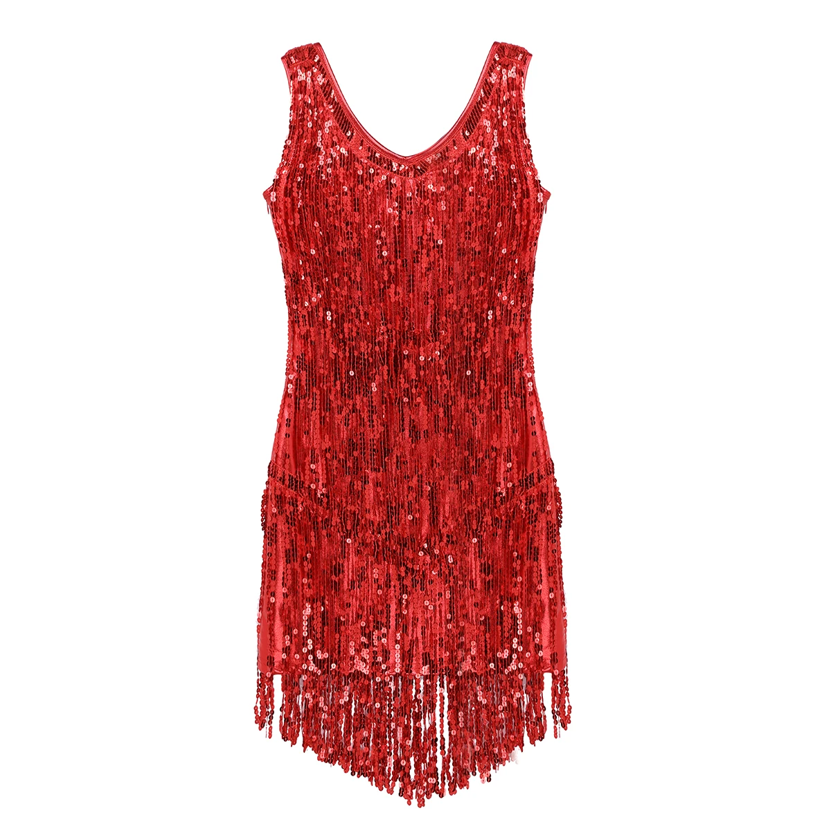 Women Latin Dance Dress Sleeveless Sequin Tassels Fringe Ballroom Samba Tango Cha Cha Stage Competition Rave Party Costume