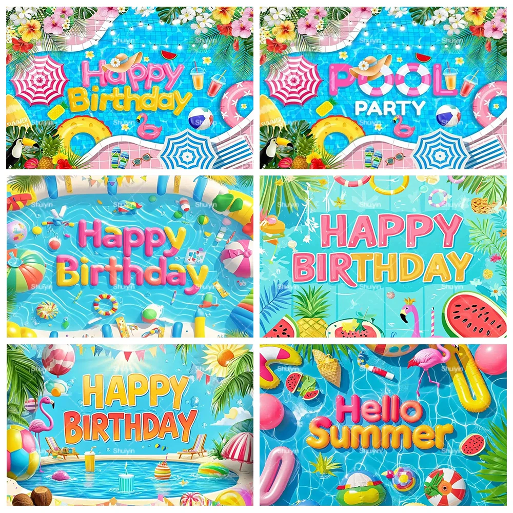 

Hello Summer Pool Party Backdrop Tropical Flamingo Swimming Ring Balls Hawaiian Photography Background Kids Birthday Party Decor