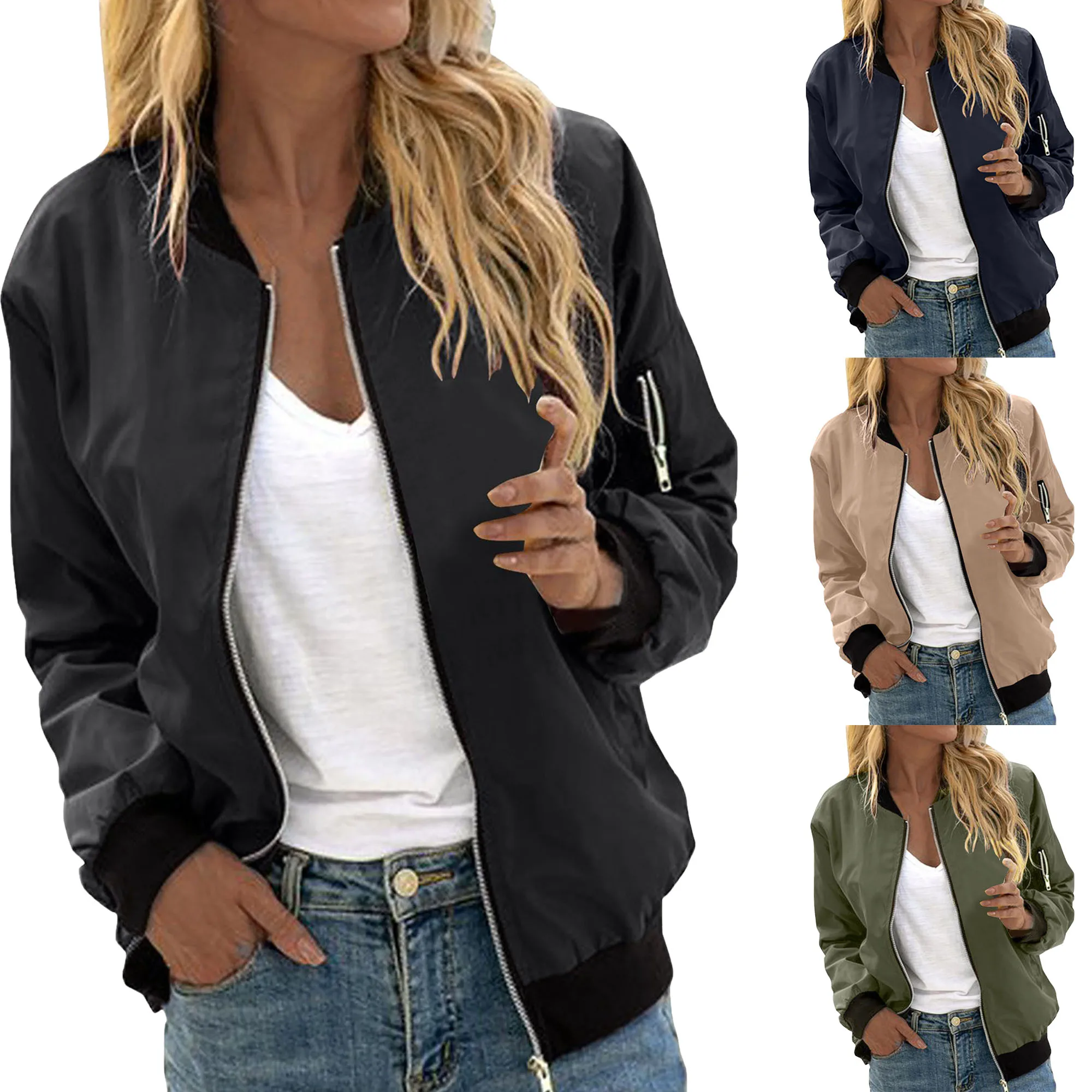 European and American casual outerwear women's 2024 spring new product solid color European and American fashion zipper outer ba