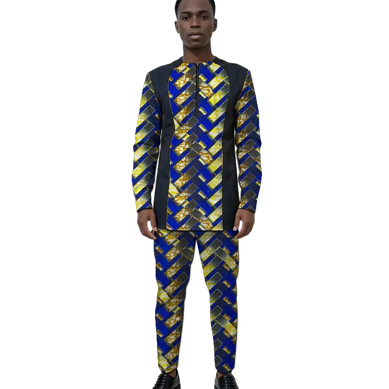 African Print Couture Men's Ankara Outfit Set Patchwork Dashiki Shirt+Elastic Waist Pant Groom Suit Origin Design Tailored