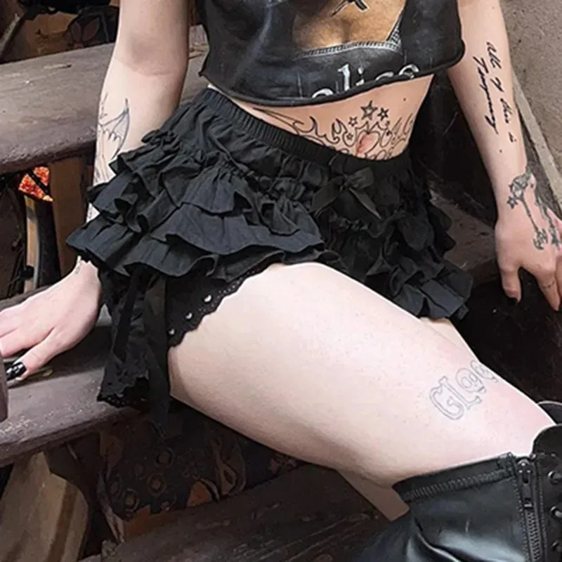 Y2k E-girl All-match Shorts Women Aesthetic Streetwear Dark Goth High Waist Bow Lace Patchwork Shorts Goth Hotsweet Skirt Shorts