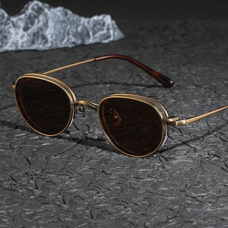 Retro Round Titanium Glasses Frame with Magnetic Clip-on Sunglasses Vintage Eyeglasses for Men Women Trendy Semi Rimless Eyewear