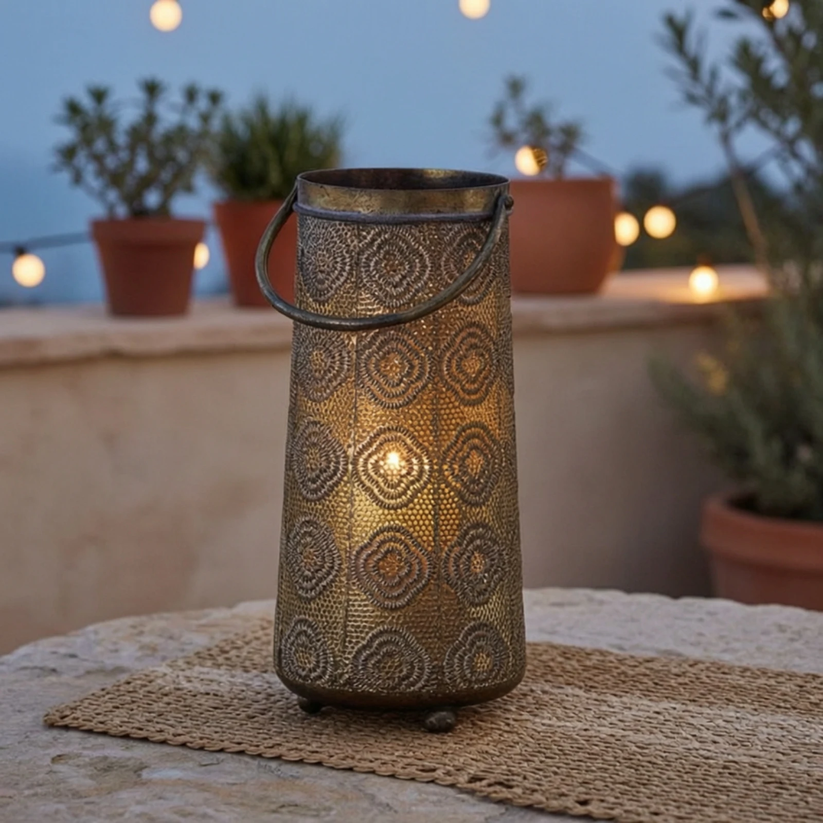 Metal Lantern with Handle Perforated Candle Lantern Decor Decorative Moroccan for Table, Shelf