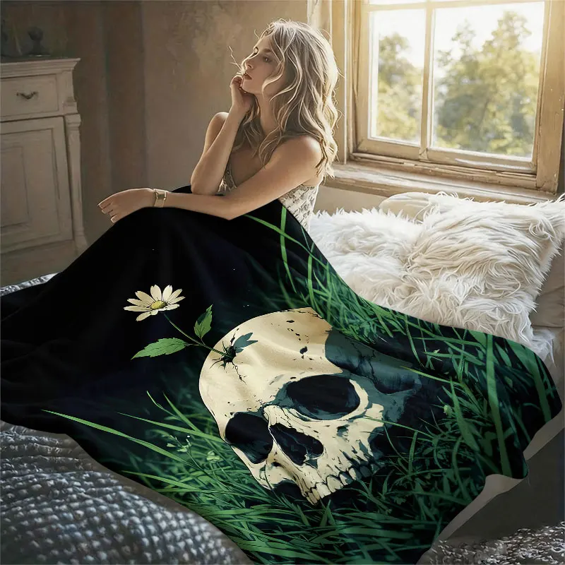 Skull Daisy Grass Dark Flannel Blanket Perfect for Sofa Office Bed Travel Sleep Read Relax Camping Four Season Use