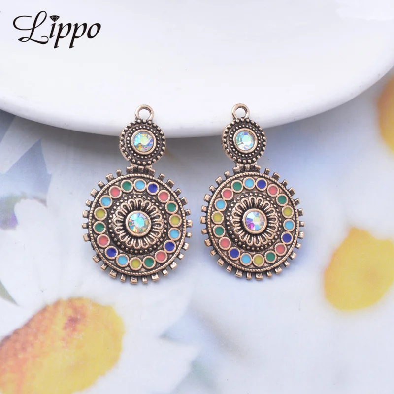 10pcs/lot 33*20mm Alloy Antique golden Round Rhinestone Enamel Charms Jewelry Findings Earrings