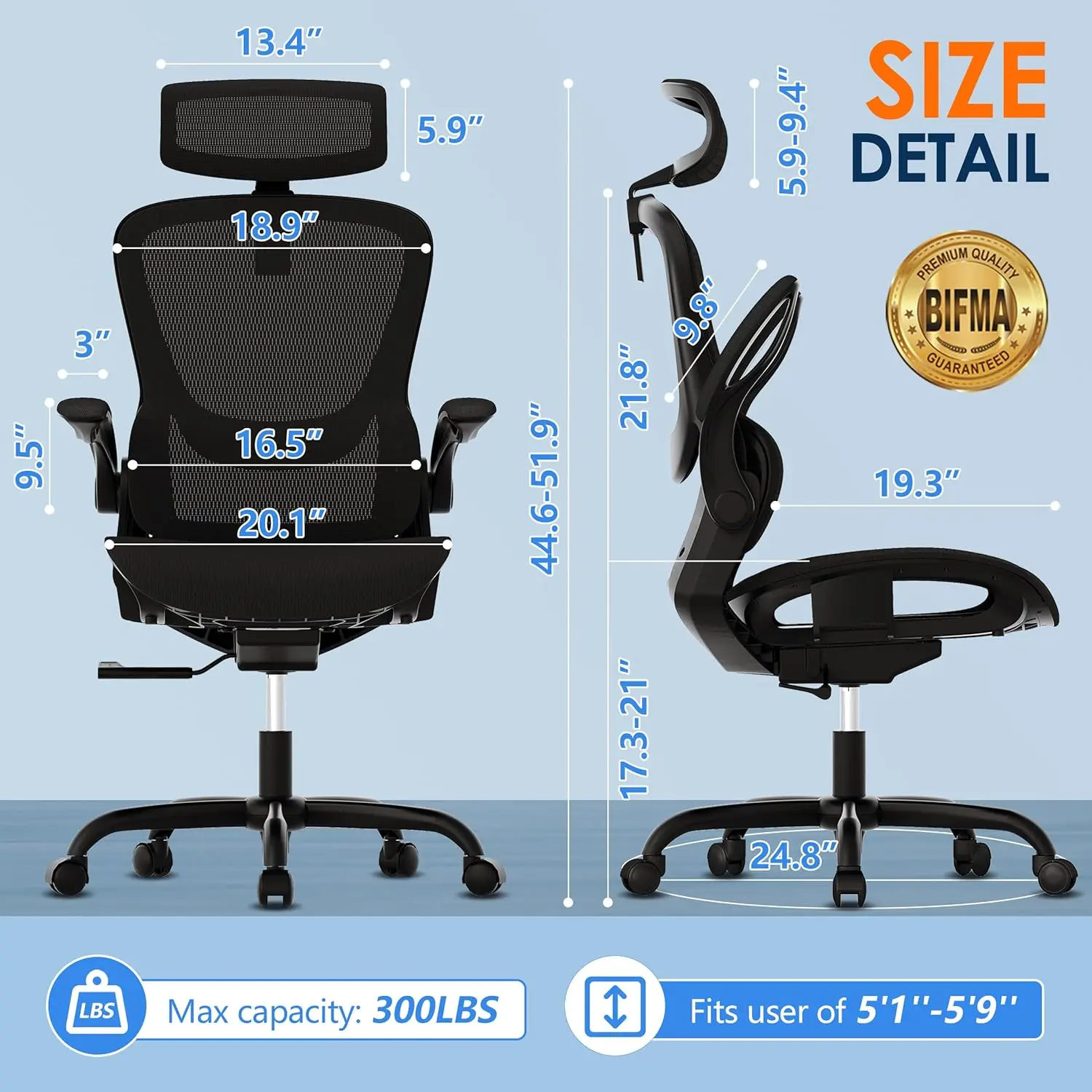 GABRYLLY Ergonomic Mesh Office Chair, Adjustable Home Desk Chair with Folding Armrest, 2D Headrest, Soft Seat and PU Wheel, Blac