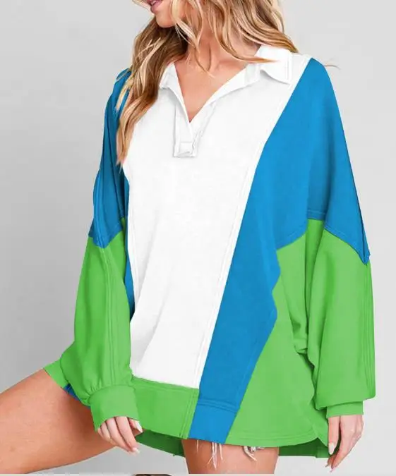 

Oversized Women's Top Spring and Autumn Fashion Trends Contrasting Color Splicing Loose Long Sleeved Top with A Lapel Collar