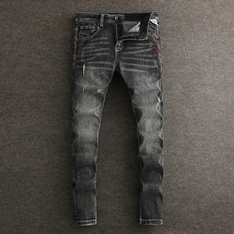 

Fashion Designer Men Jeans Retro Black Gray Stretch Slim Fit Embroidery Ripped Jeans Men Italian Style Vintage Denim Pants Homme