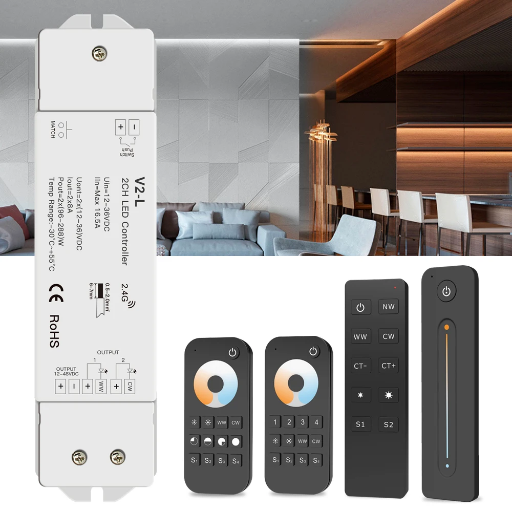 WW CW V2-L ثنائي اللون LED باهتة 12-48 فولت 2 قناة RF 2.4G لاسلكي للتحكم عن بعد CCT شريط إضاءة أبيض مزدوج المنتج الأصلي