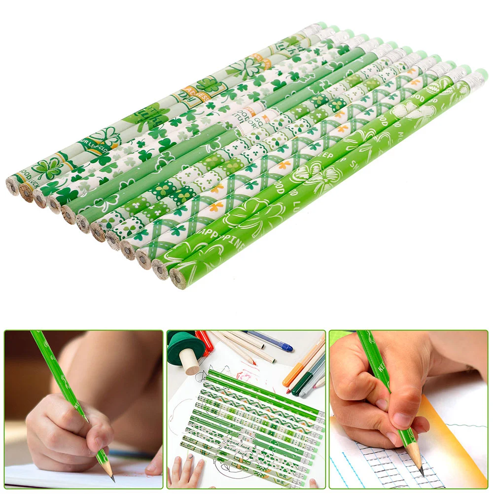 24 Pcs Pencils Four Leaf Students Writing Eraser Cartoon with Erasers Patrick Day Themed Portable Wood Pupils