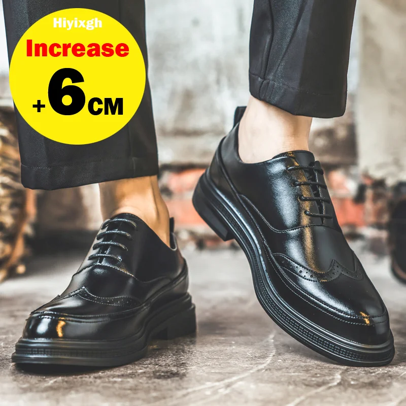 Men Brogue Oxford Dress Shoes 6CM Hidden Height Increase Elevator Shoes Or Flat Formal Leather Shoes Lace Up Business Wedding