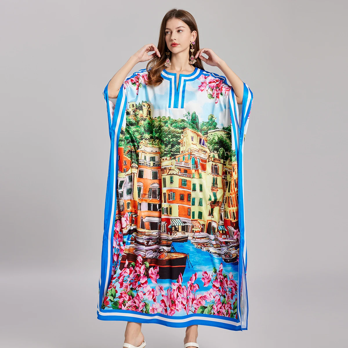 New Summer Holiday House Flower Long Dress Oversize Loose Bohemian Women\'s O-Neck Batwing Sleeve Split Holiday Maxi Robe Female