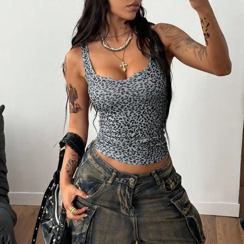 Women's Summer Y2K Rib Knit Tank Top Blue Gingham Grey Leopard Graphics Slim Fit Notched Sleeveless Streetwear for Club Music Fe