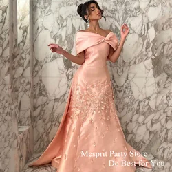 Luxury Satin Prom Dress Off The Shoulder V Neck Beading Sweep Train Robe De Soiree Saudi Arab Evening Dresses Pageant Party Gown