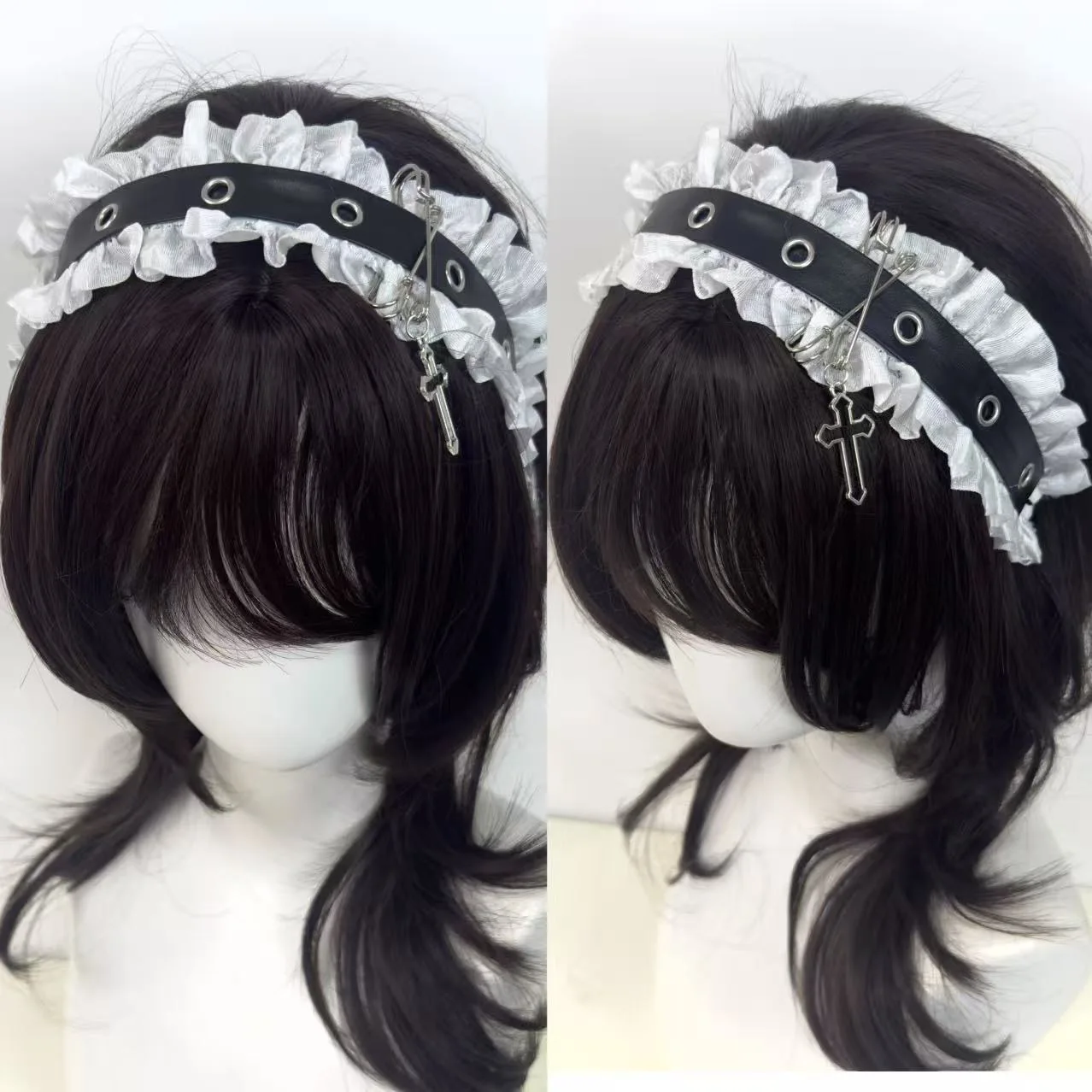 Women Punk Rock Style Dark Gothic Cross Belt Hairband Lolita Subculture Headgear Y2K Girl Lace Cosplay Headband Hair Accessory