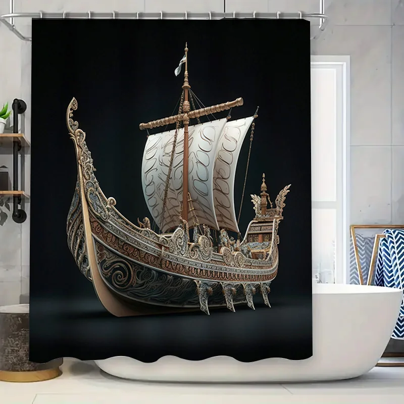 Viking Boat Shower Curtain Decorative Nautical Theme for Bathroom Black Background with White Sail Size 69x70 Inches Ships World