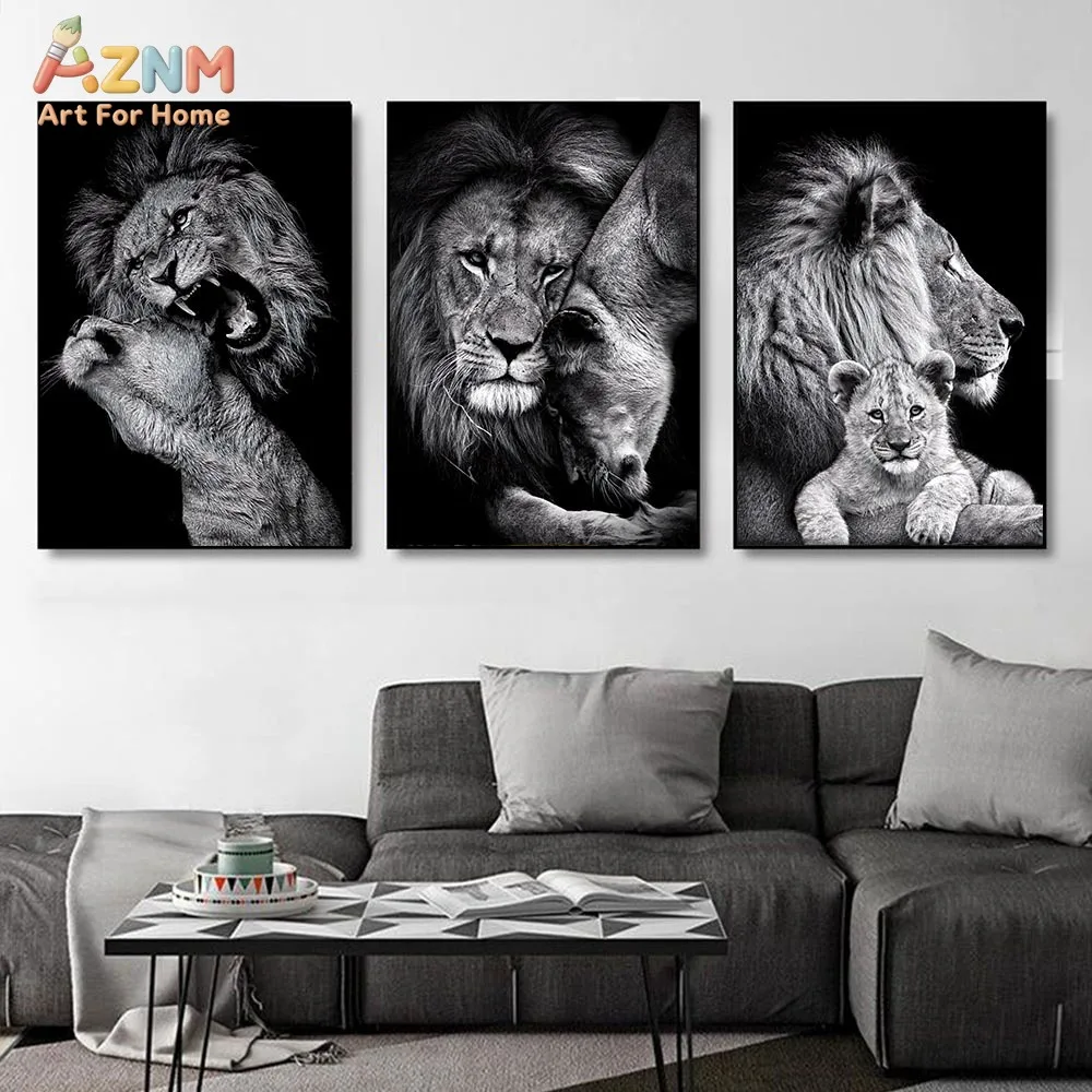 AZNM Black White Wild Lion Family Canvas Wall Art, Majestic African Wildlife Animal Portrait Painting, Modern Living Room Decor