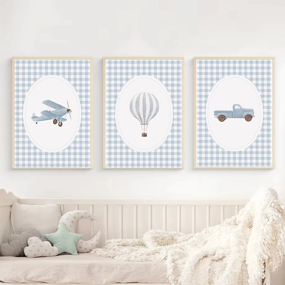 Blue Vintage Truck Car Plane Hot Air Balloon Train Sailboat Poster Canvas Painting Print Wall Nursery for Kids Room Home Decor