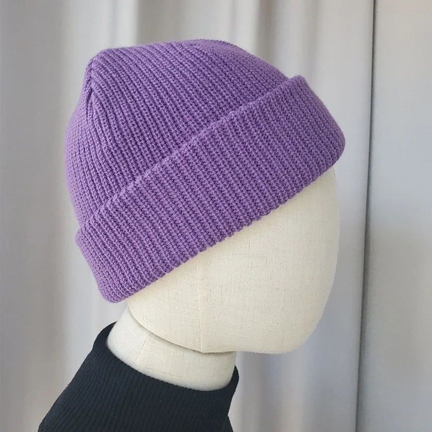 Knitted Short Hat for Men & Women Winter Hat Men Skullies Solid Color Winter Cap Thick 2 Layers Bonnets for Women