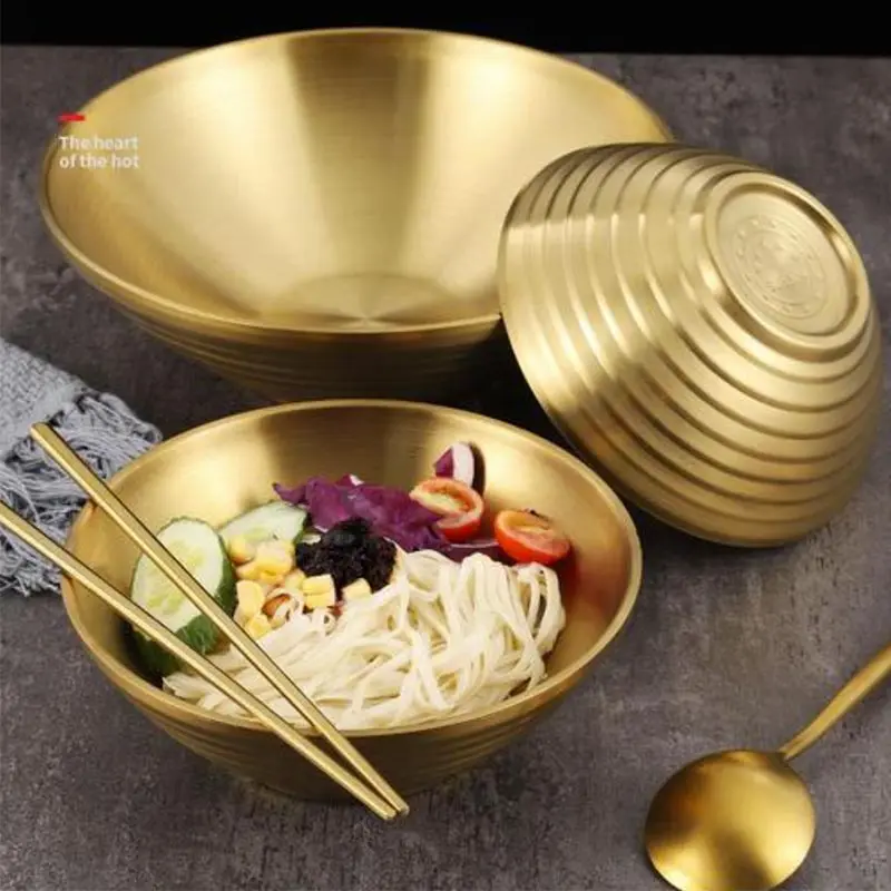 304 Stainless Steel Gold Thread Ramen Bowl, Rice Salad Noodle Soup Bowl,Home Restaurant Food Dish, Pickled Cabbage Large Bowl