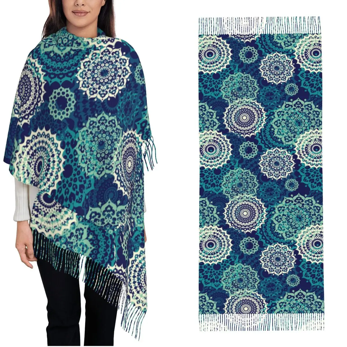 Teal Green Mandala Aesthetic Shawl Wrap Womens Warm Long Soft Scarf Boho Turquoise Mandalas Neckerchief Tassel Scarves