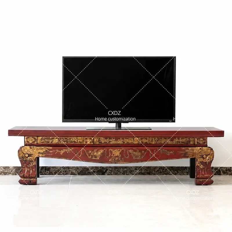 New Chinese Style Solid Wood TV Cabinet with Carved Floral Details Hand Painted Arhat Chair Retro Double Sofa Antique