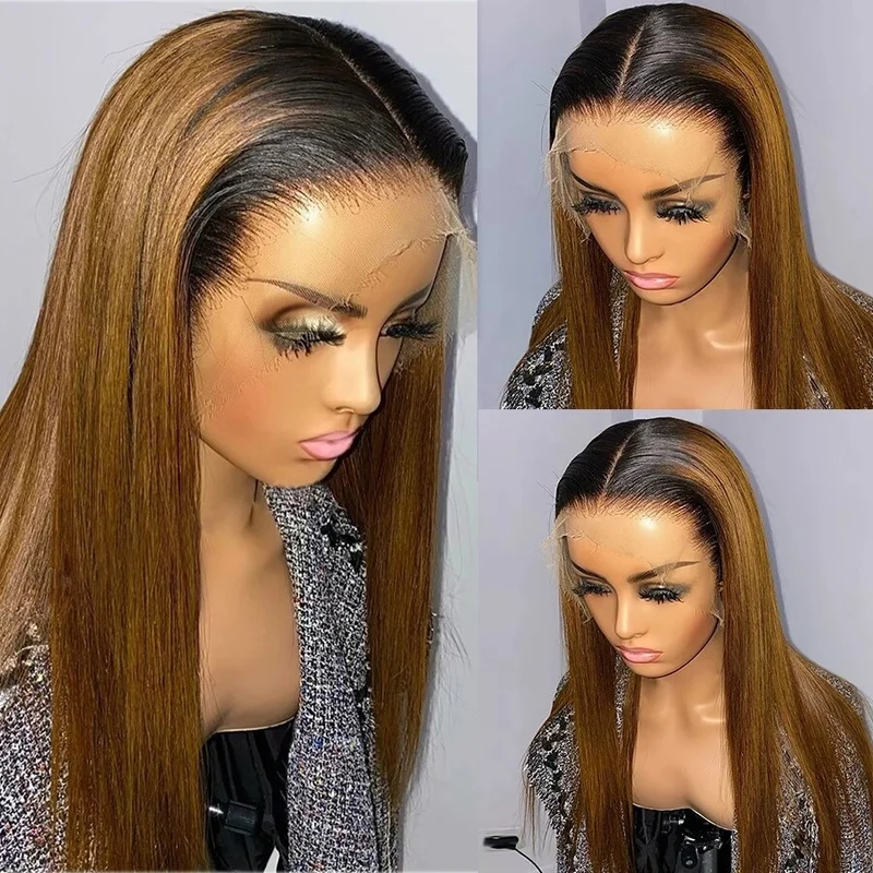 13x4 T Part Lace Front  Hair Wigs Silky Ombre Brown Wig Pre Plucked Natural