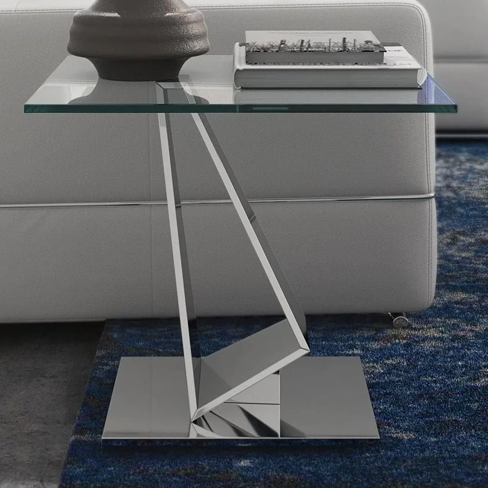 Modern Serra End Table - Clear Glass with Polished Stainless Steel Base