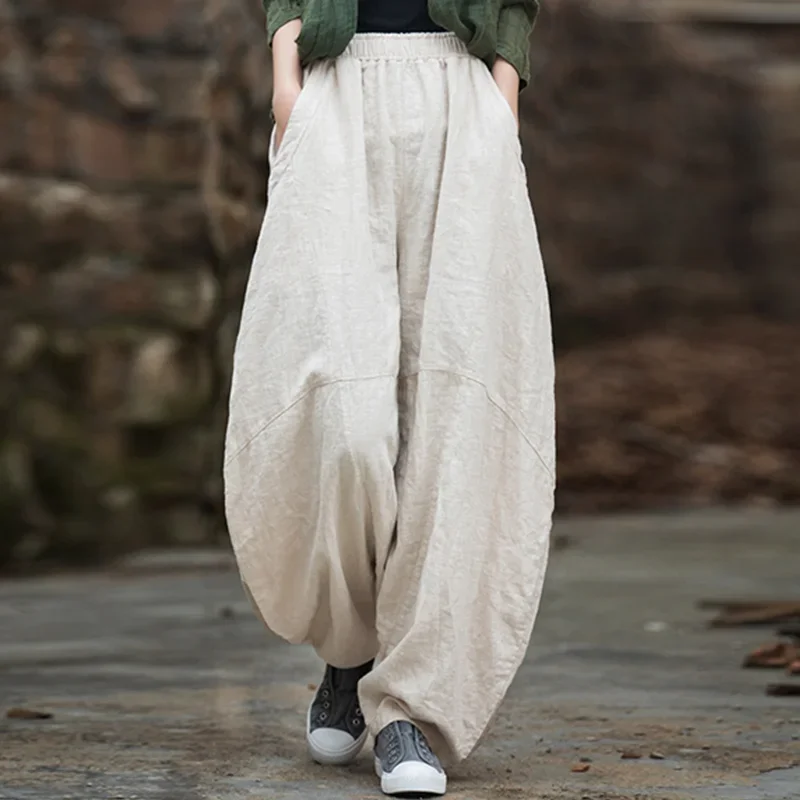 

Pop Elegant Women's Cotton Linen Baggy Cargo Pants Vintage Elastic Waist Yoga Trousers Loose Casual Long Wide Leg Oversize Cloth