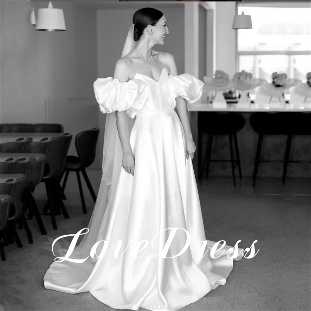 Love Princess Lantern Sleeves Sweetheart Stain A-Line Wedding Dresses Simple Strapless Floor Length Bridal Gown Vestido de novia