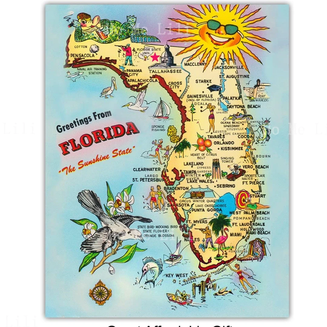 Vintage 1954 Greetings From Florida Wall Decoration Tourist Map Poster Home Bar Restaurant Garage Cafe Art Metal Sign Gift