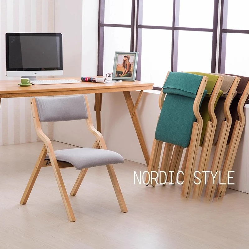 Solid Wood Folding Chair Home Multi-Purpose Lightweight Portable Desk Casual Chair with Detachable Washable Wooden Seat
